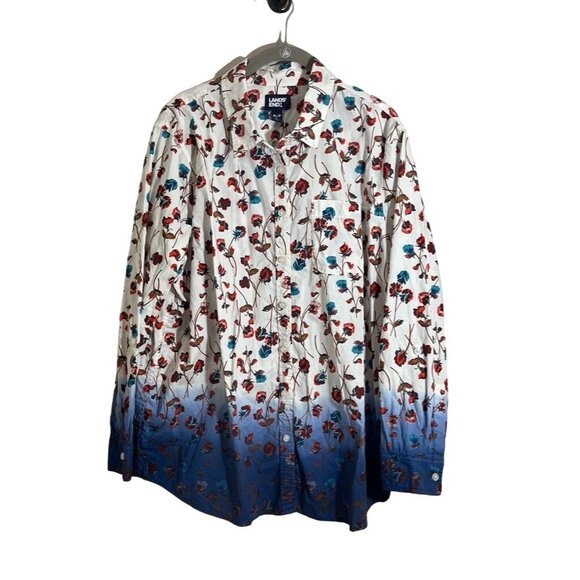 Lands End Women Top Size XL Blue Button Down Red Floral Collar Neck - Picture 1 of 12